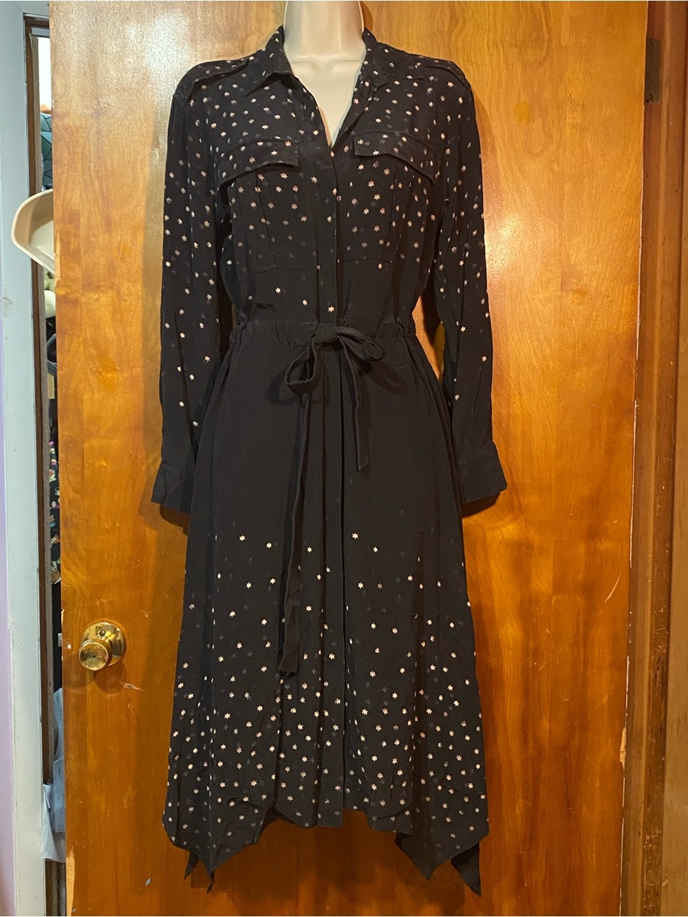 NWOT All saints 100% silk shirt dress,ITALY,hanky hem,star pattern S